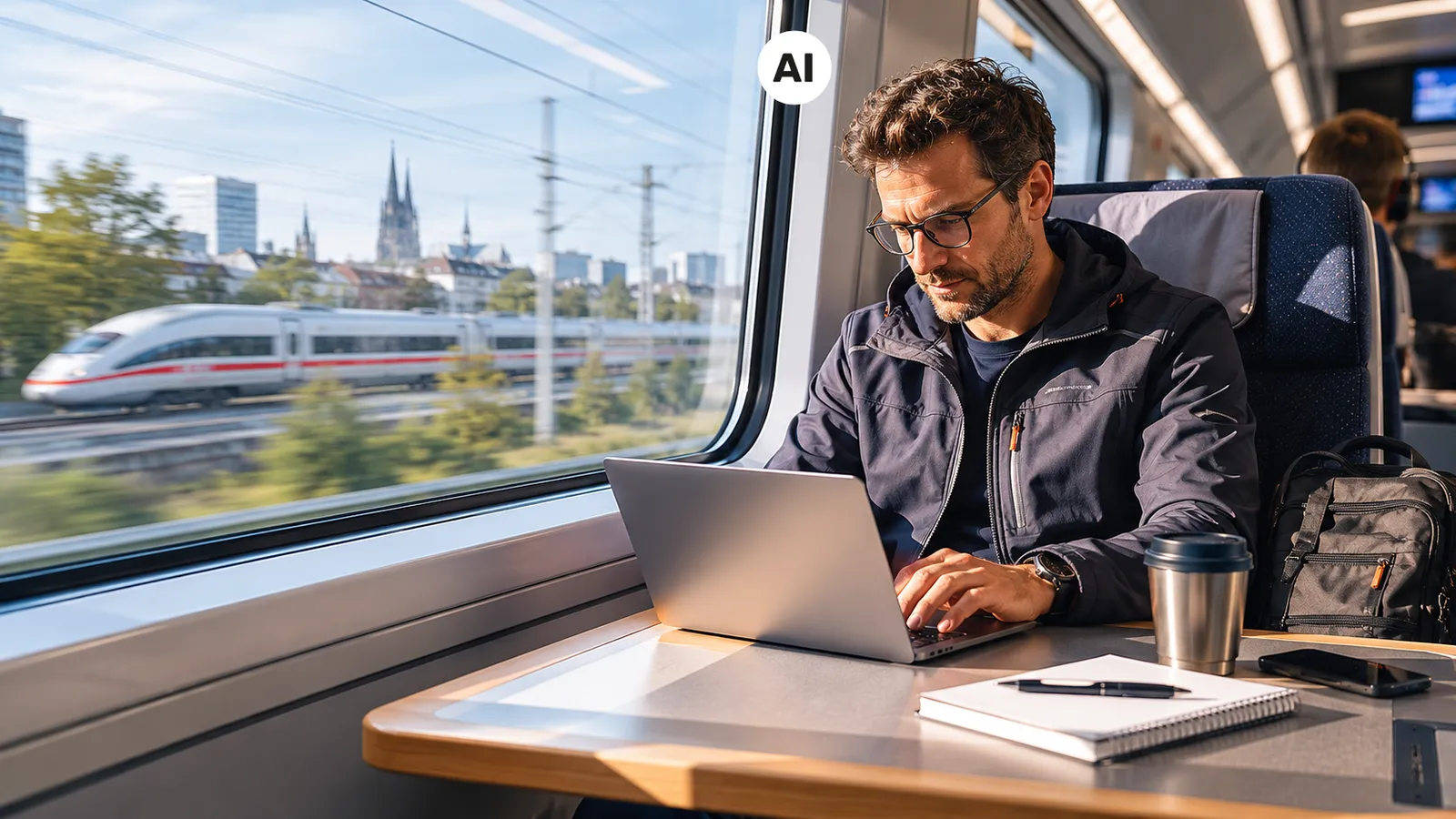 Mann am Laptop fährt mit der Bahn