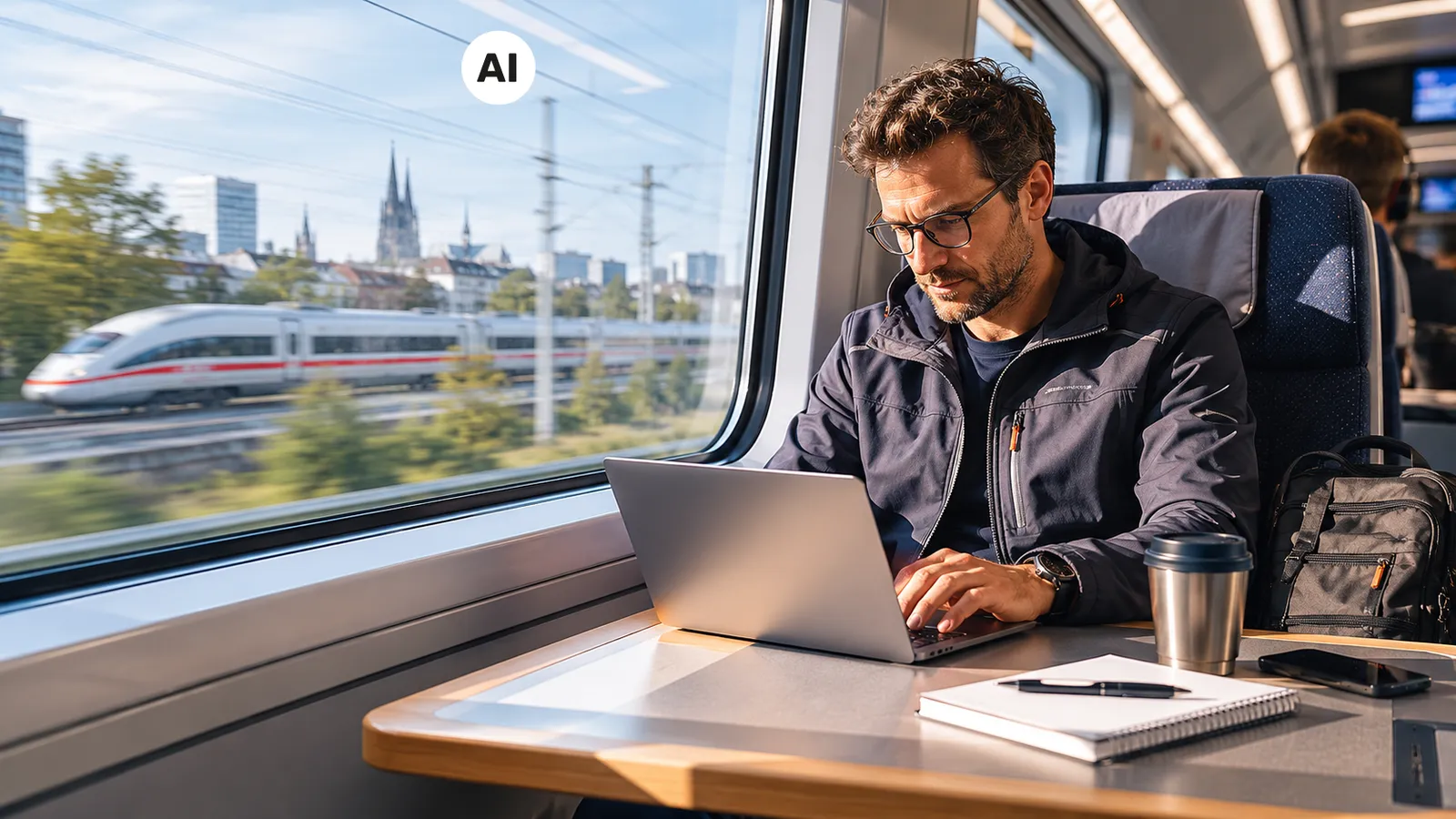 Mann am Laptop fährt mit der Bahn