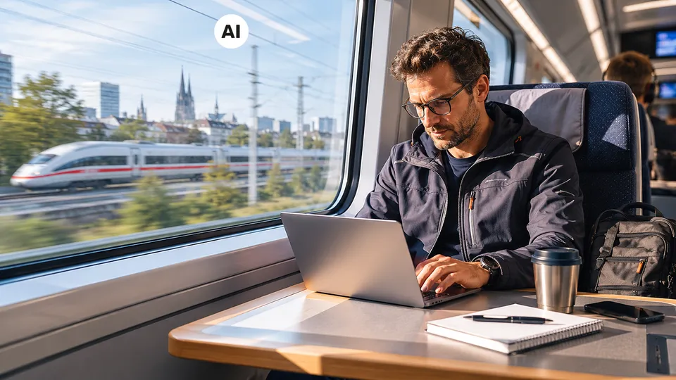 Mann am Laptop fährt mit der Bahn
