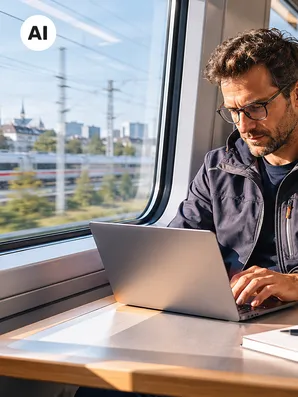 Mann am Laptop fährt mit der Bahn
