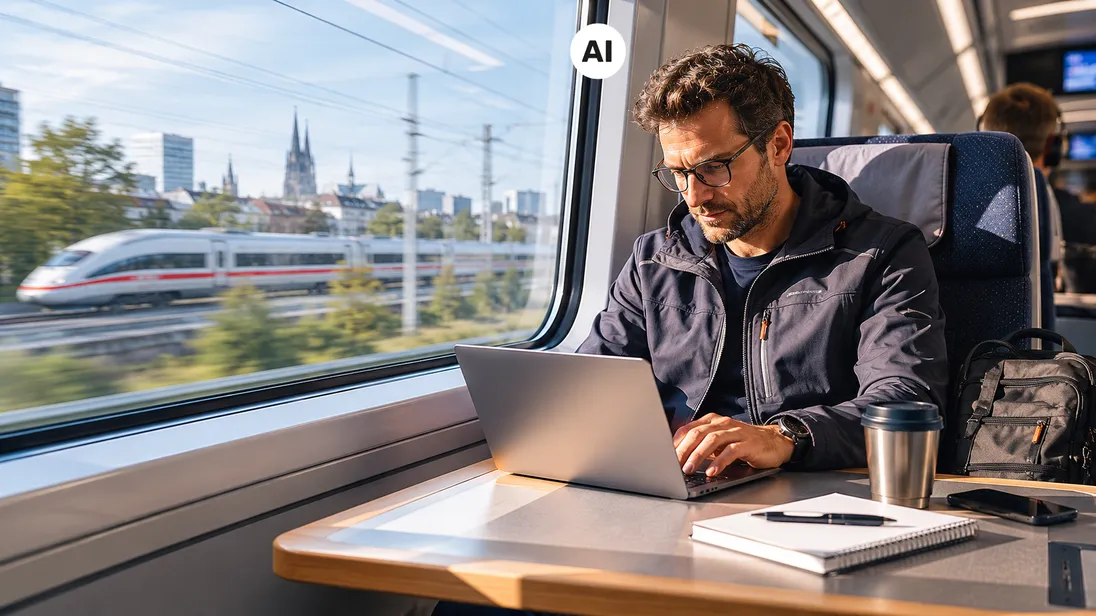 Mann am Laptop fährt mit der Bahn