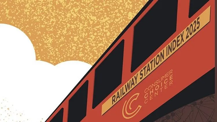 Stilisierte gelb-rote Zug-Grafik zum European Railway Station Index 2025 mit Logo des Consumer Choice Center.