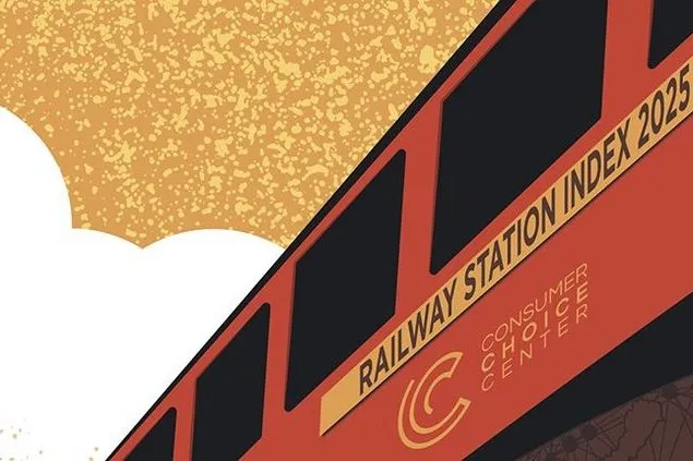 Stilisierte gelb-rote Zug-Grafik zum European Railway Station Index 2025 mit Logo des Consumer Choice Center.