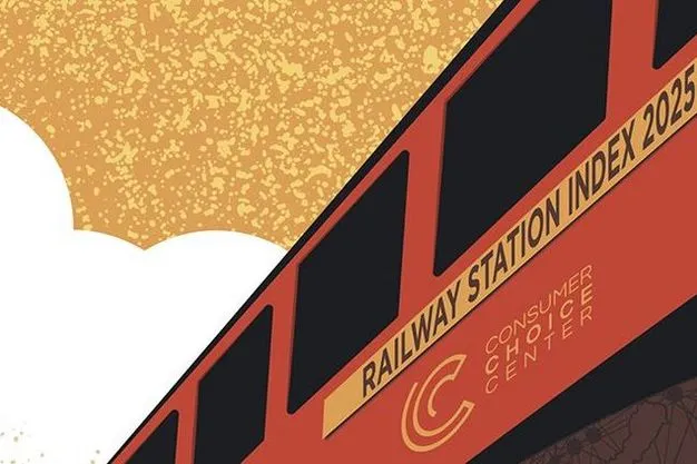 Stilisierte gelb-rote Zug-Grafik zum European Railway Station Index 2025 mit Logo des Consumer Choice Center.