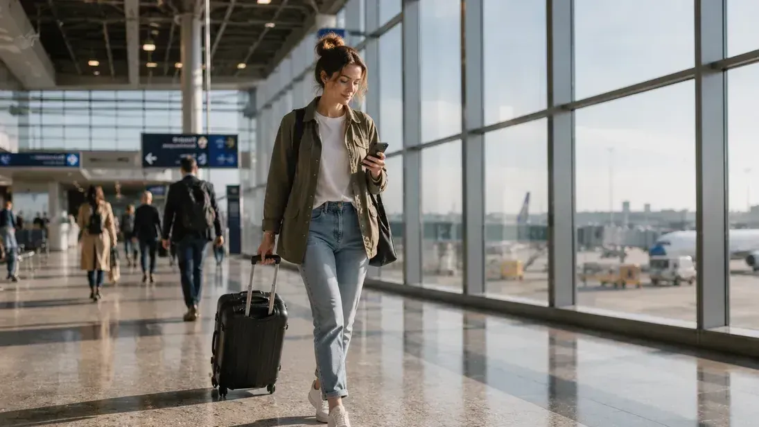 Frau mit Koffer und Handy am Flughafen