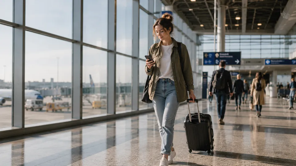 Frau mit Koffer und Handy am Flughafen