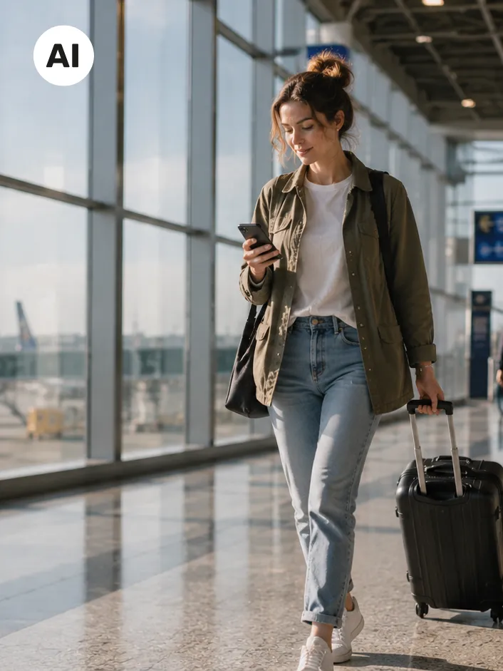 Frau mit Koffer und Handy am Flughafen