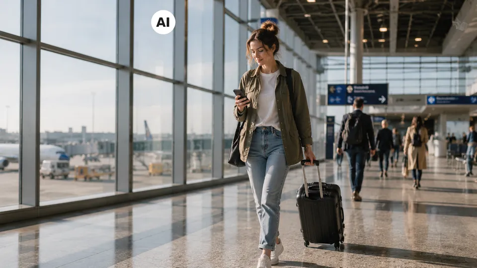Frau mit Koffer und Handy am Flughafen