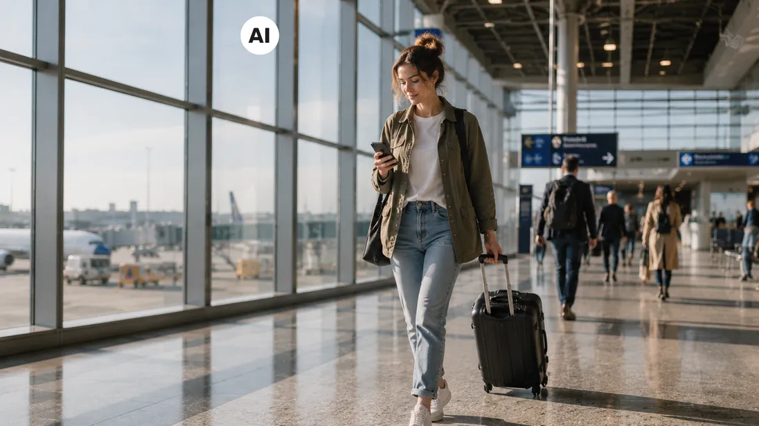 Frau mit Koffer und Handy am Flughafen