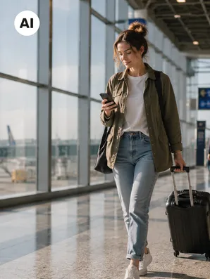 Frau mit Koffer und Handy am Flughafen