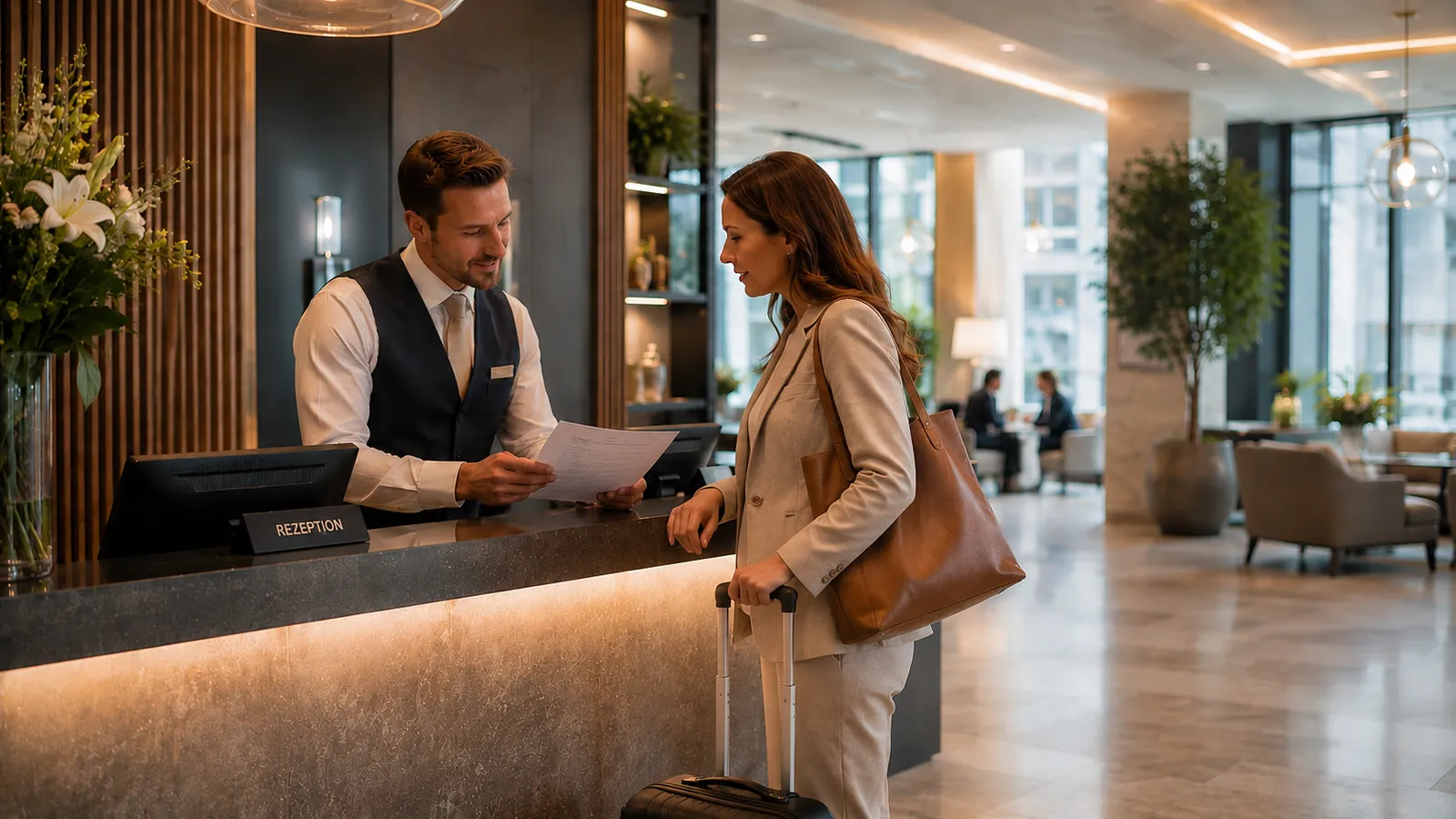 Frau mit Koffer an Hotelrezeption
