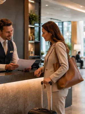 Frau mit Koffer an Hotelrezeption