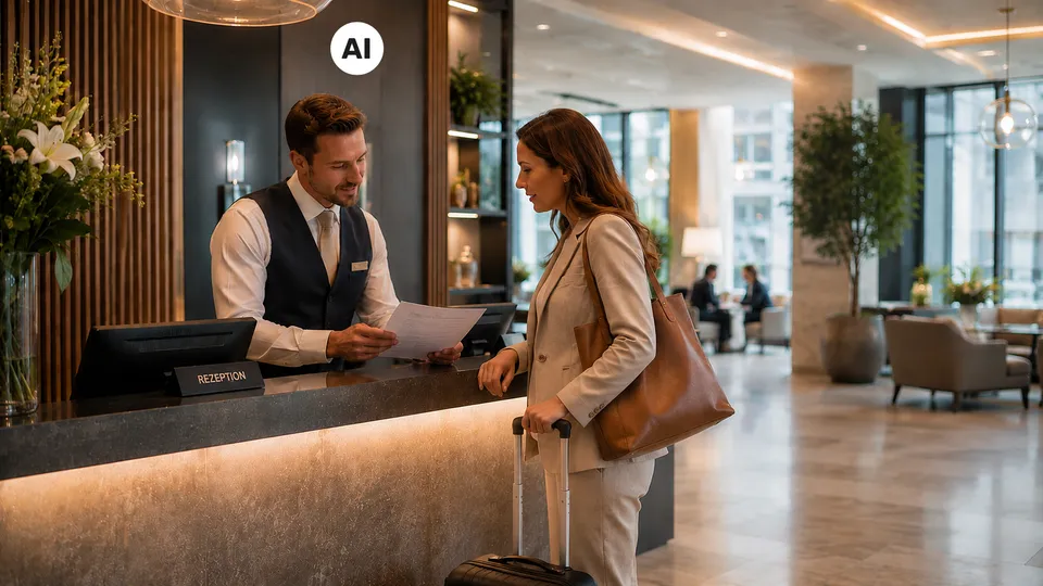 Frau mit Koffer an Hotelrezeption