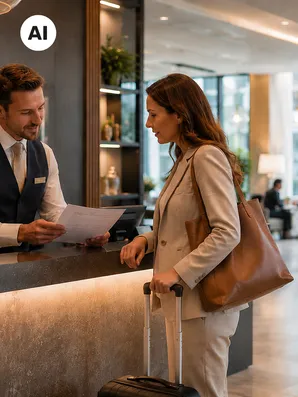 Frau mit Koffer an Hotelrezeption