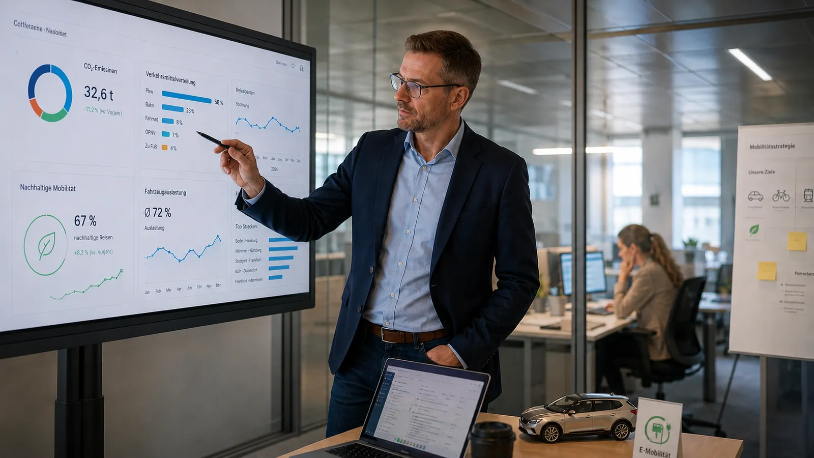 Mann im Anzug zeigt auf Monitor mit Daten