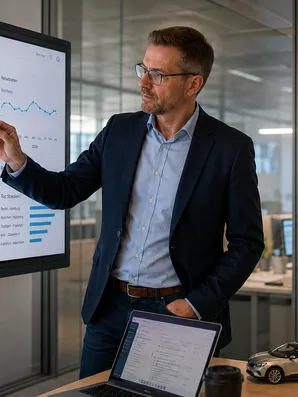 Mann im Anzug zeigt auf Monitor mit Daten