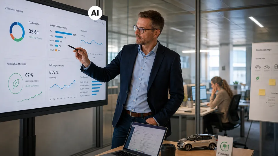 Mann im Anzug zeigt auf Monitor mit Daten