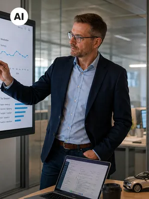 Mann im Anzug zeigt auf Monitor mit Daten