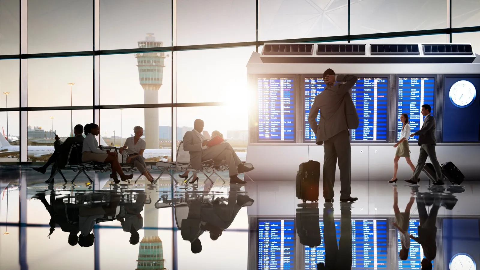 Reisende im Flughafenterminal warten auf den Abflug