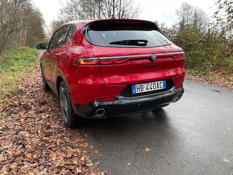 Roter Alfa Romeo Tonale von hinten auf nasser Straße am Waldrand.