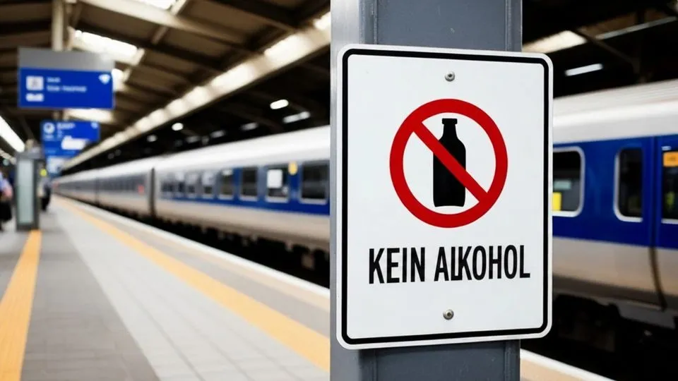 Ein Schild mit "Kein Akohol" an deutschem Bahnhof.