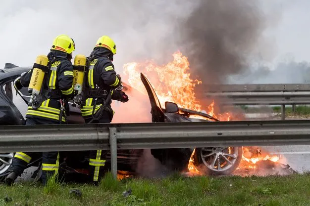 Die Feuerwehr versucht einen Autobrand zu löschen.