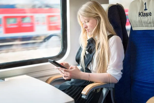 Blonde Frau sitzt in der ersten Klasse in einem Zug der Deutschen Bahn.