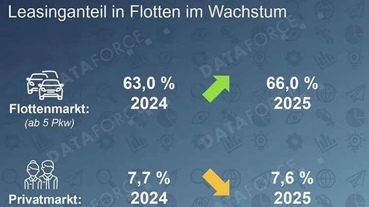 Eine Grafik mit den Infos: 2025 sind ca. 66 % aller Flottenfahrzeuge geleast.