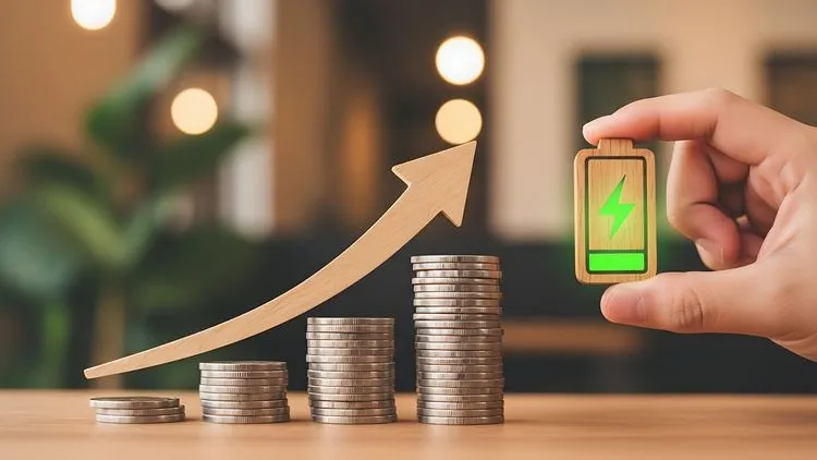 Eine Hand hält ein Batteriesymbol neben Münzstapeln und einem aufwärtszeigenden Pfeil. Das Motiv steht sinnbildlich für finanzielle Förderung im Bereich Elektromobilität.