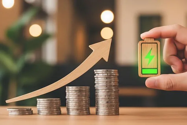 Eine Hand hält ein Batteriesymbol neben Münzstapeln und einem aufwärtszeigenden Pfeil. Das Motiv steht sinnbildlich für finanzielle Förderung im Bereich Elektromobilität.