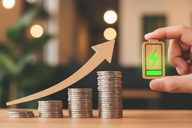 Eine Hand hält ein Batteriesymbol neben Münzstapeln und einem aufwärtszeigenden Pfeil. Das Motiv steht sinnbildlich für finanzielle Förderung im Bereich Elektromobilität.