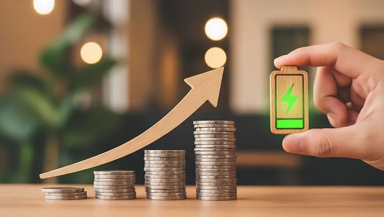 Eine Hand hält ein Batteriesymbol neben Münzstapeln und einem aufwärtszeigenden Pfeil. Das Motiv steht sinnbildlich für finanzielle Förderung im Bereich Elektromobilität.