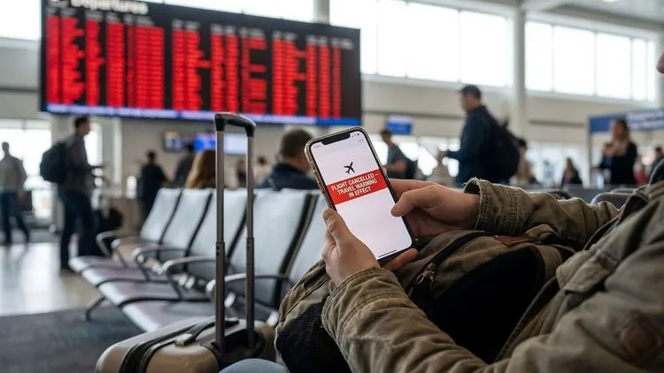 Ein Mann sitzt am Flughafen und bekommt auf seinem Handy die Information, dass sein Flug gecancelt wurde.