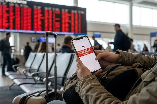 Ein Mann sitzt am Flughafen und bekommt auf seinem Handy die Information, dass sein Flug gecancelt wurde.