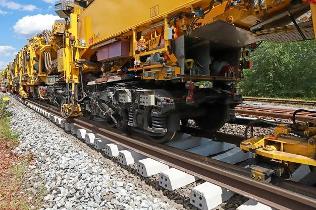Gelbe Gleisbaumaschine bei Arbeiten an einer Bahnstrecke mit neu verlegten Betonschwellen und Schienen.