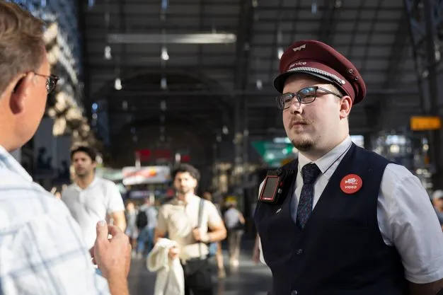 Mitarbeiter des Bahnhofsservice der DB mit Bodycam im Gespräch mit einem Reisenden am Hauptbahnhof Frankfurt (Main)