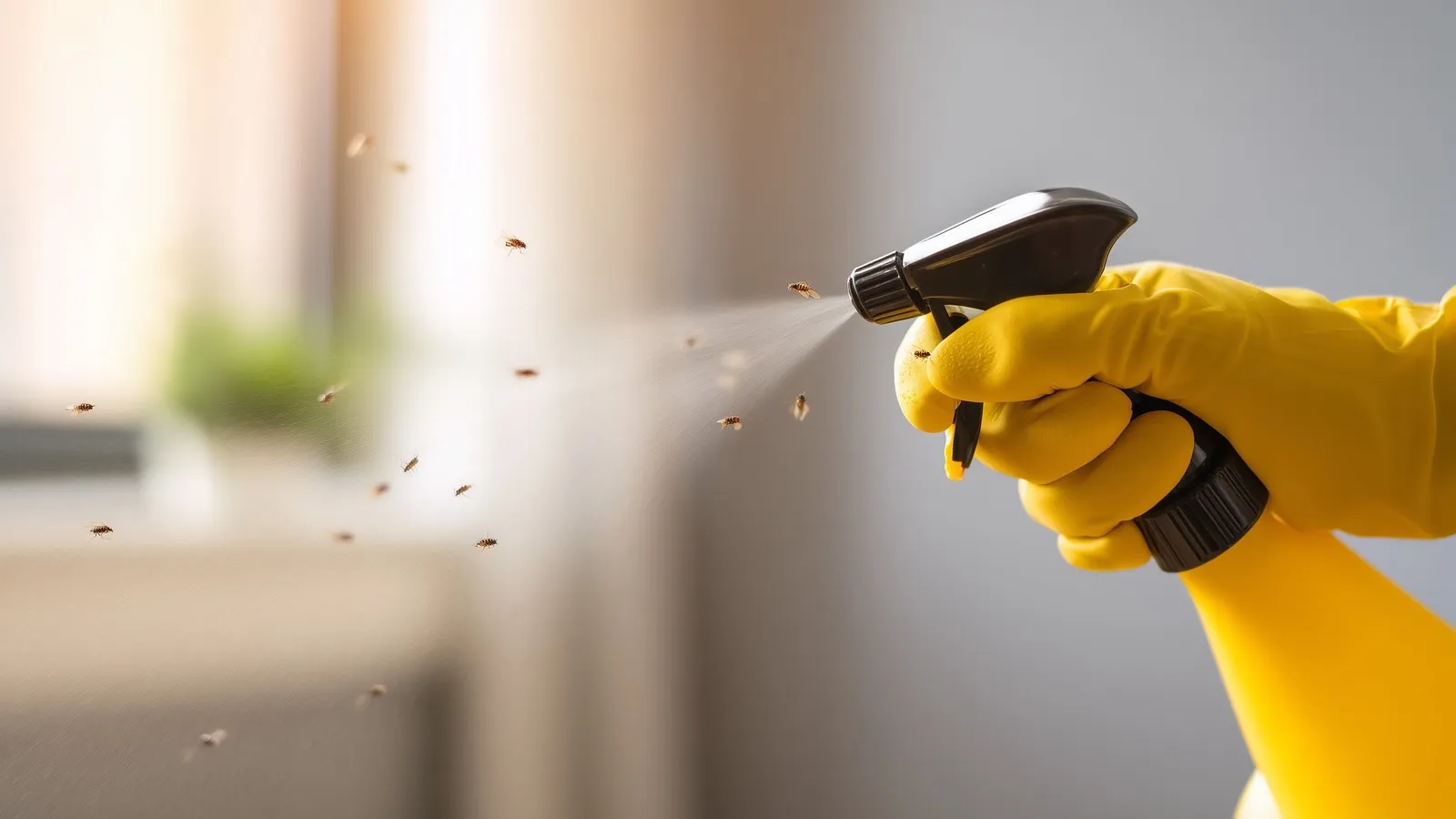 Hand in gelbem Schutzhandschuh, die Insekten mit Desinsektionsmittel einsprüht zur Bekämpfung von gefährlichen Insekten/Krankheiten.