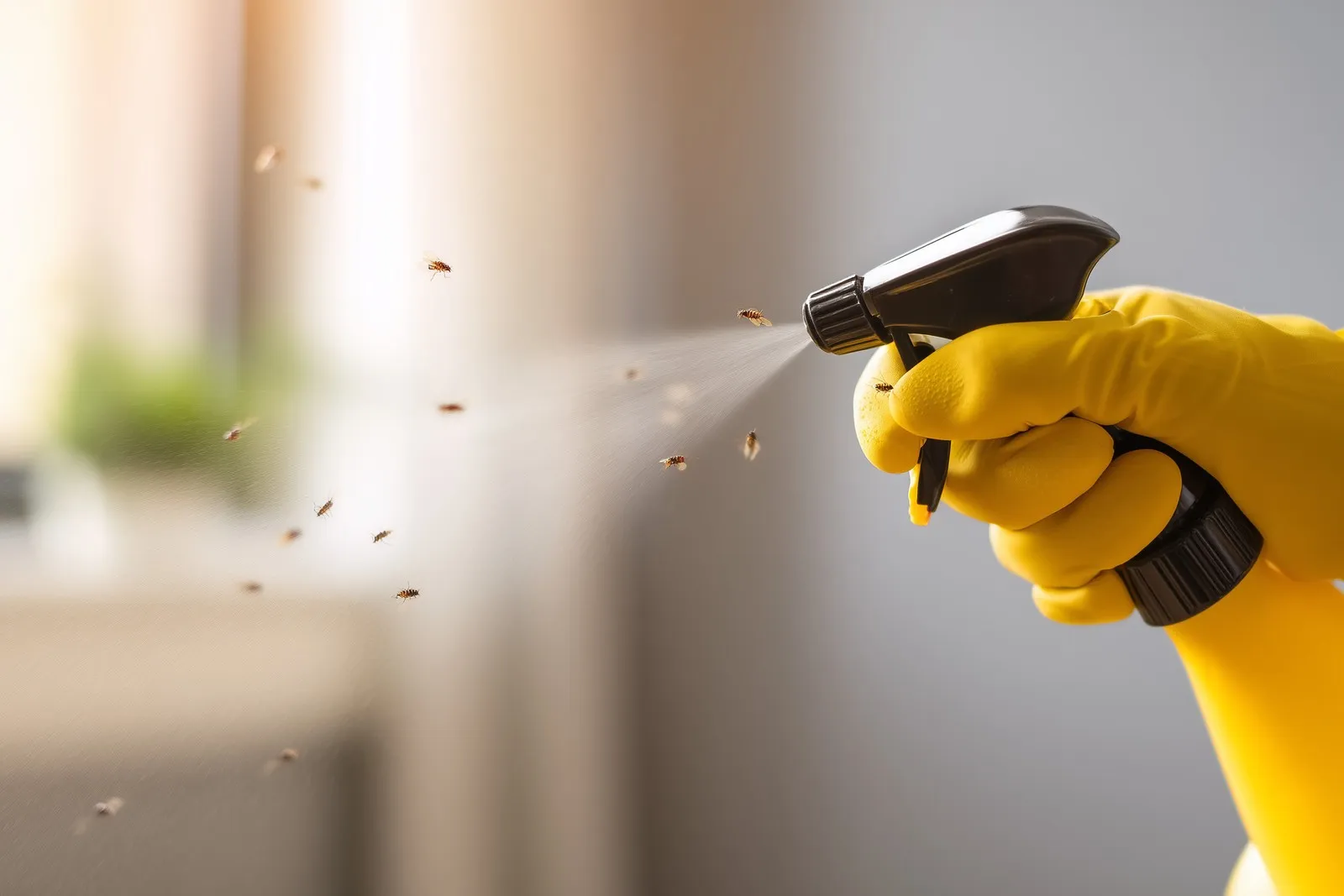 Hand in gelbem Schutzhandschuh, die Insekten mit Desinsektionsmittel einsprüht zur Bekämpfung von gefährlichen Insekten/Krankheiten.