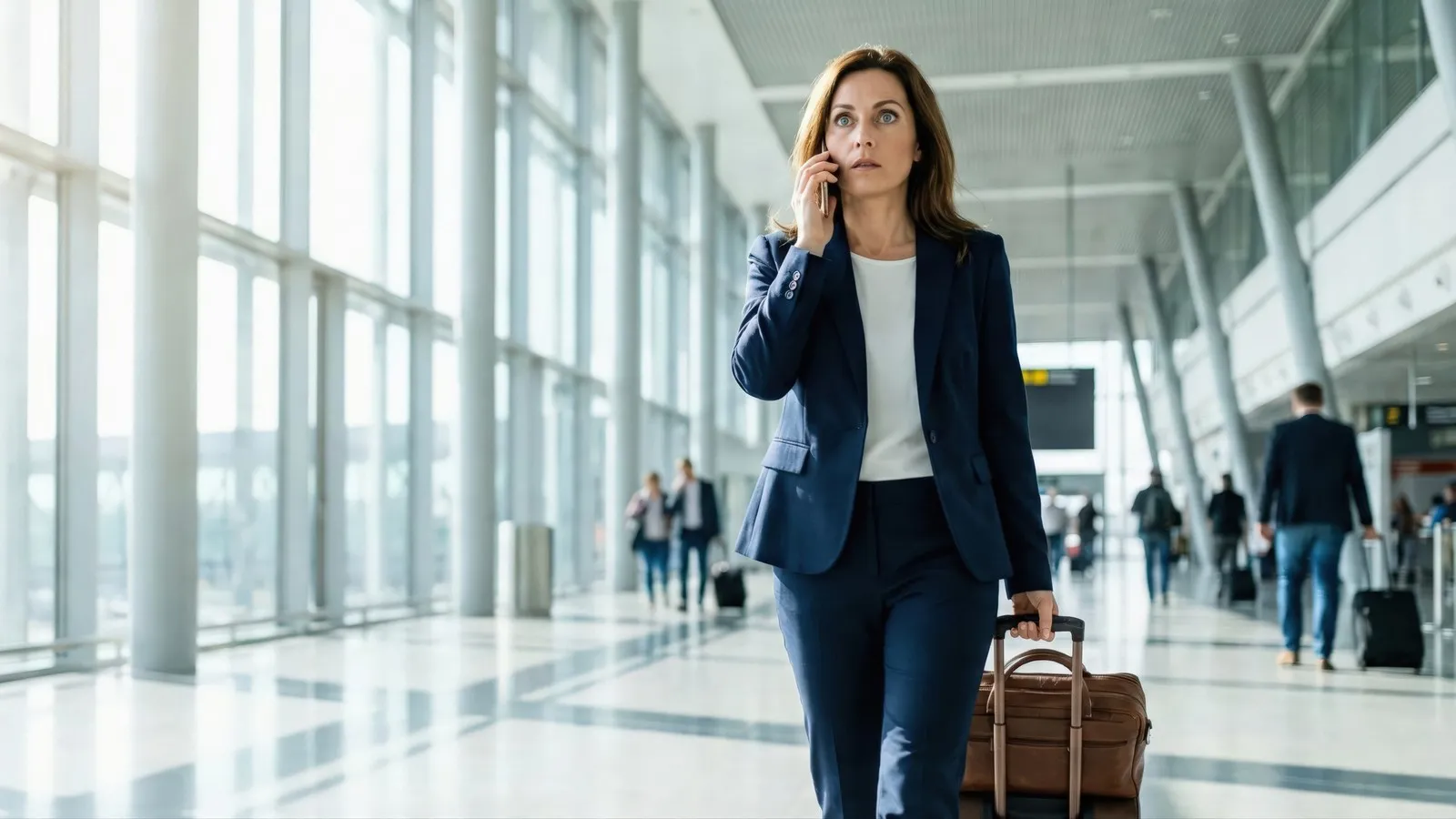 Eine Frau telefoniert vor einem Fenster am Flughafen.