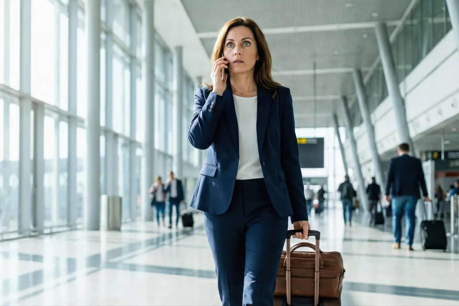 Eine Frau telefoniert vor einem Fenster am Flughafen.