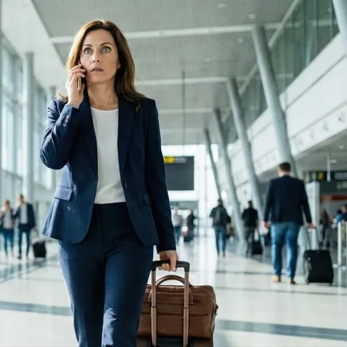 Eine Frau telefoniert vor einem Fenster am Flughafen.