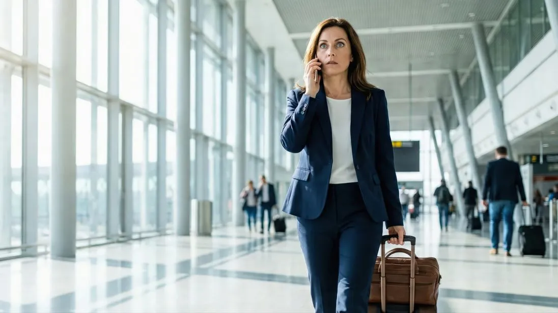 Eine Frau telefoniert vor einem Fenster am Flughafen.