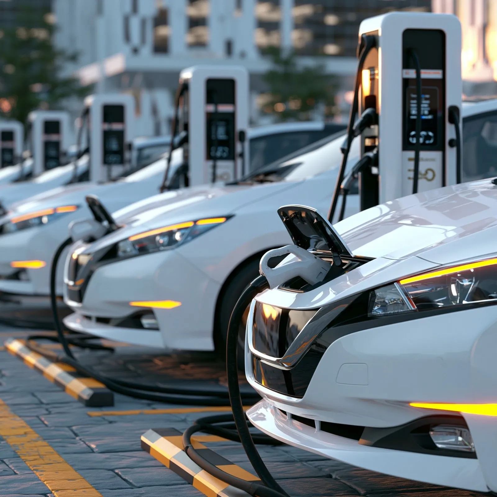 Eine Reihe an Elektrofahrzeugen beim Aufladen an Ladesäulen.