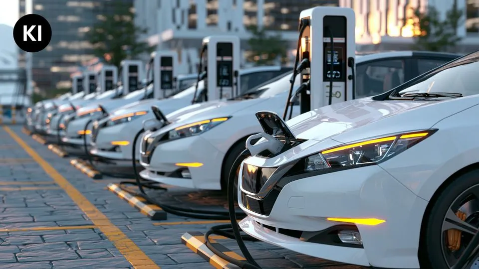 Eine Reihe an Elektrofahrzeugen beim Aufladen an Ladesäulen.
