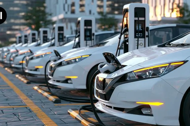 Eine Reihe an Elektrofahrzeugen beim Aufladen an Ladesäulen.