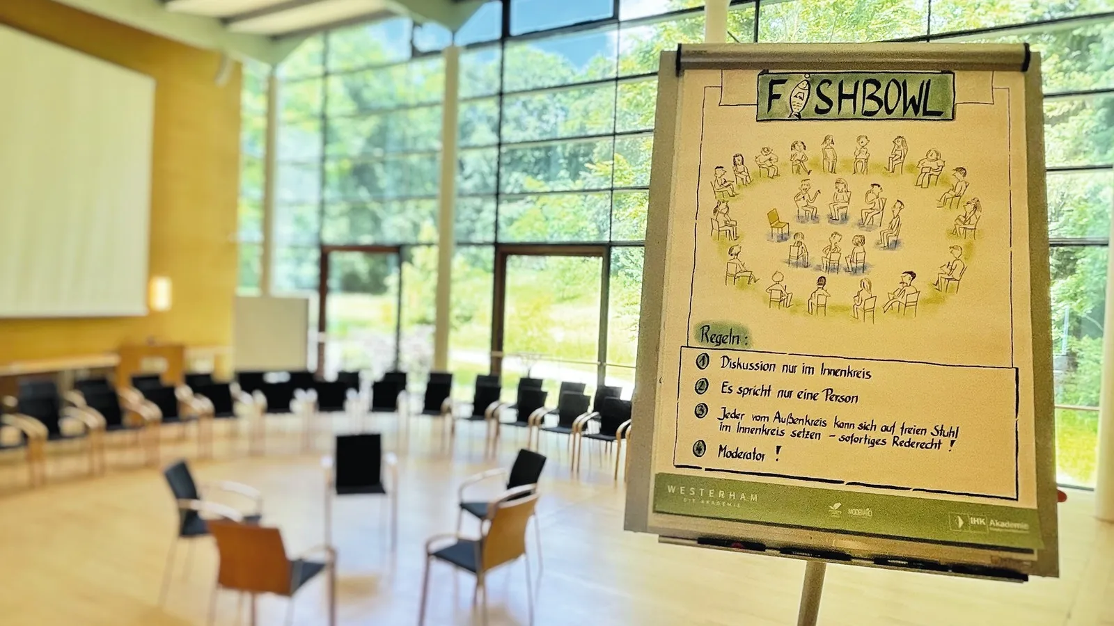 Ein Flipchart mit Regeln zur Fishbowl-Methode steht in einem hellen Seminarraum, im Hintergrund sind Stühle im Kreis angeordnet.