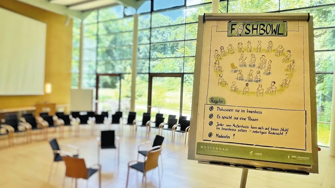 Ein Flipchart mit Regeln zur Fishbowl-Methode steht in einem hellen Seminarraum, im Hintergrund sind Stühle im Kreis angeordnet.