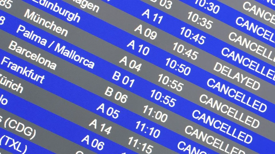 Anzeigetafel an einem Flughafen mit mehreren annullierten und verspäteten Flügen.