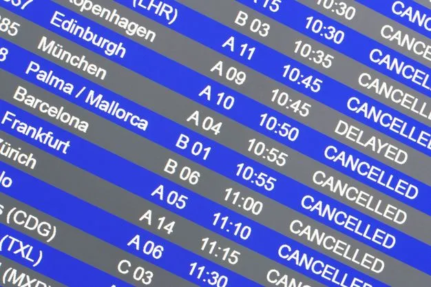 Anzeigetafel an einem Flughafen mit mehreren annullierten und verspäteten Flügen.