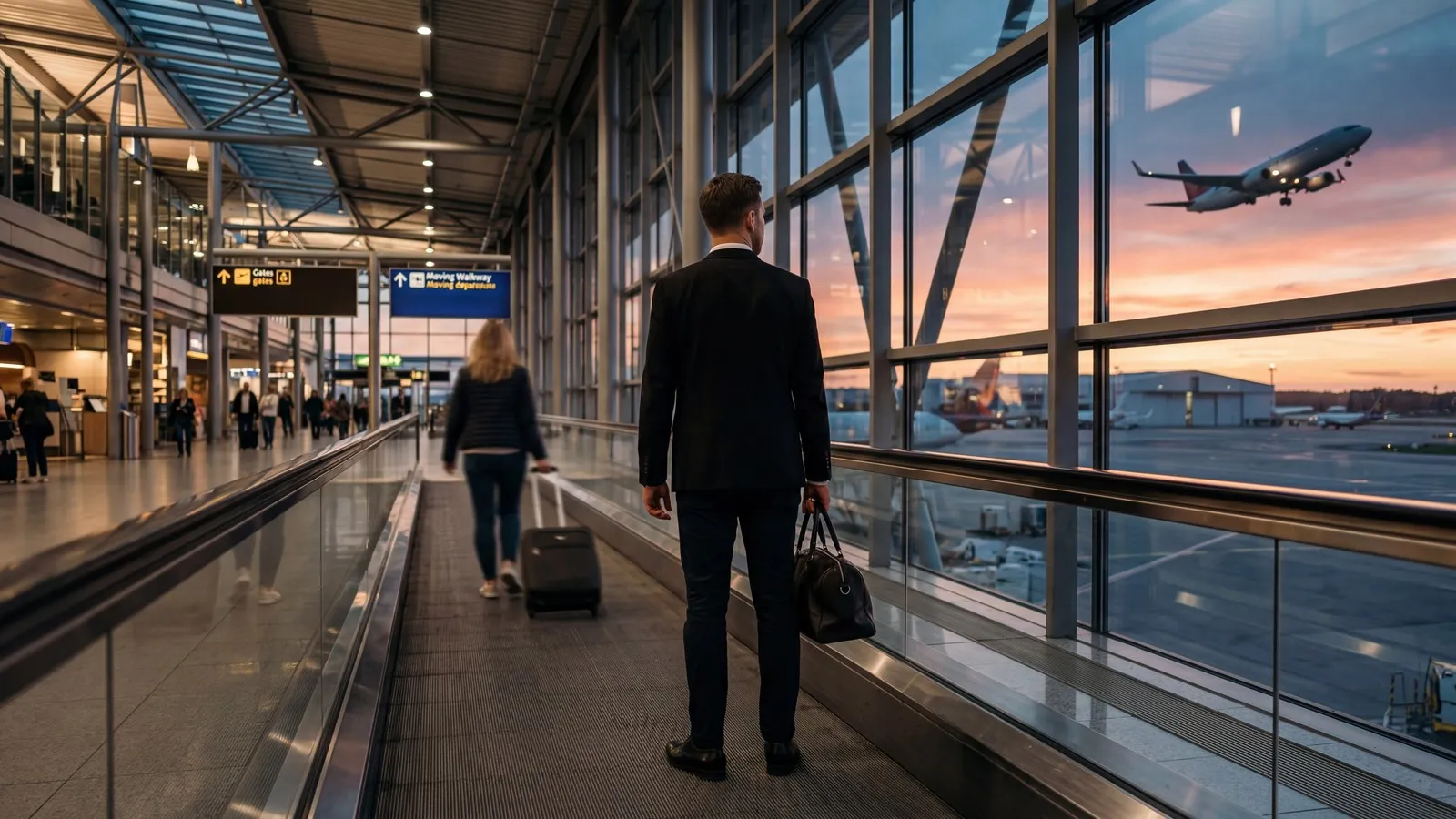 Zwei Geschäftsleute gehen über einen Flughafen.